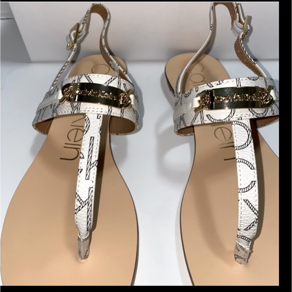 Calvin Klein Soley Monogram Leather White W/Logo Strap Back Women's Sandles